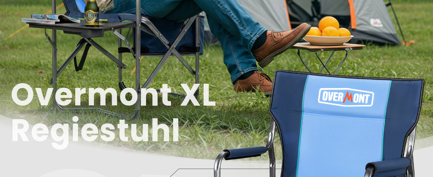 Крісло для кемпінгу OVERMONT: складне, з бічним столиком та сумкою-холодильником, до 180 кг, блакитне