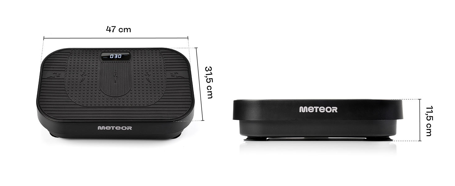 Віброплатформа Meteor для фітнесу вдома: 120 рівнів інтенсивності, 5 програм, 3 зони тренувань, пульт, гумові стрічки, до 160 кг