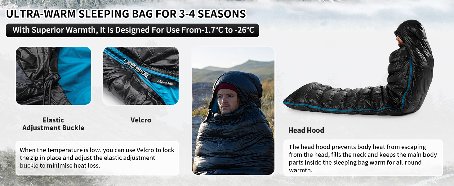 Сплячий мішок Naturehike 750FP, 4-сезонний, теплий зимовий, ультралегкий, компактний, з компресійним мішком для кемпінгу (CW700/Чорний/L)