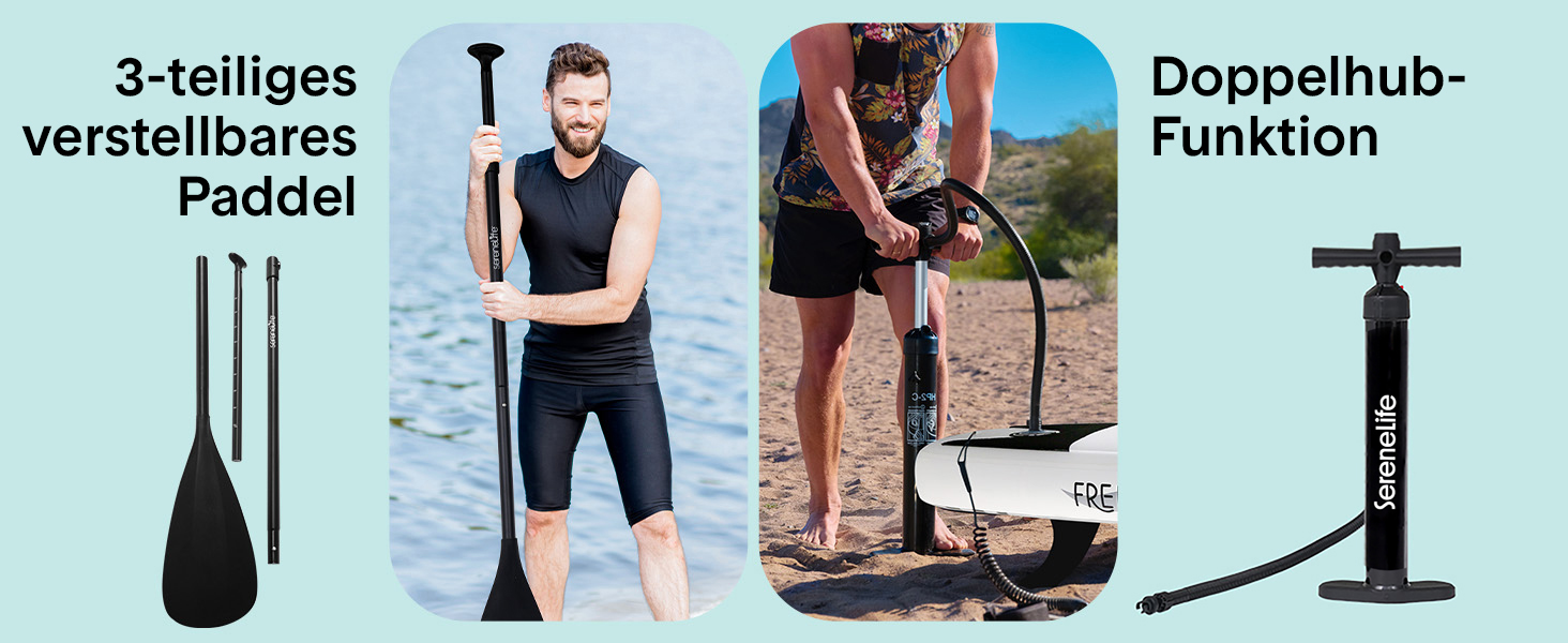 Надувний SUP СерeneLife Stand Up Paddling Board: комплект з веслом, насосом та сумкою. Touring SUP для дітей та дорослих, чорно-сірий, 155 кг.
