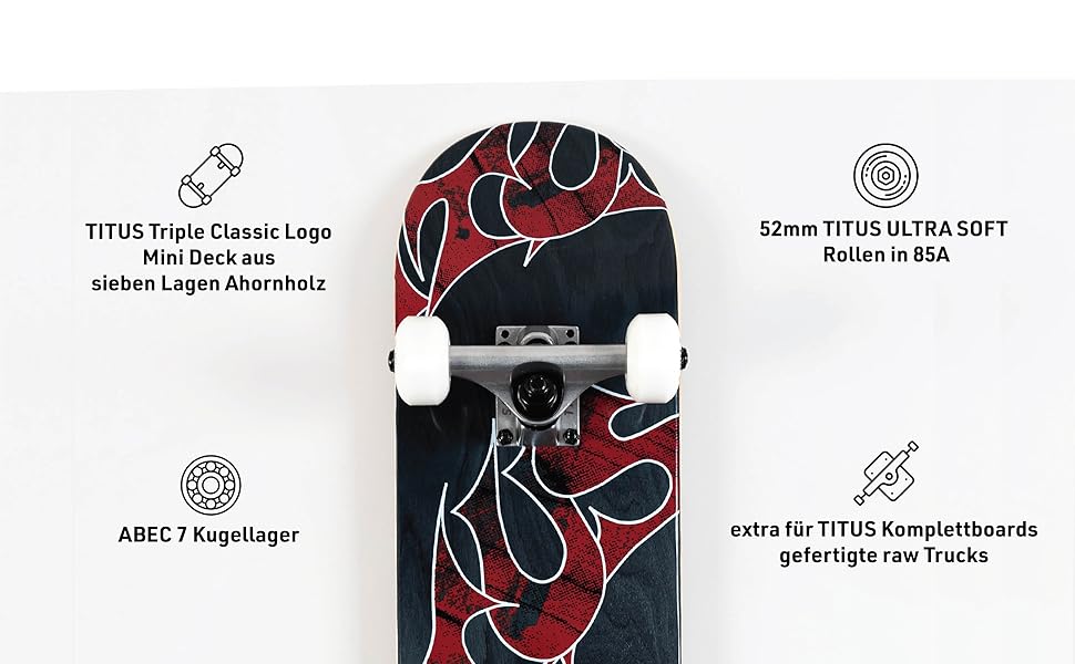 Скейтборд TITUS Mini для дітей 6-8 років, чорний, 7.5 дюйми