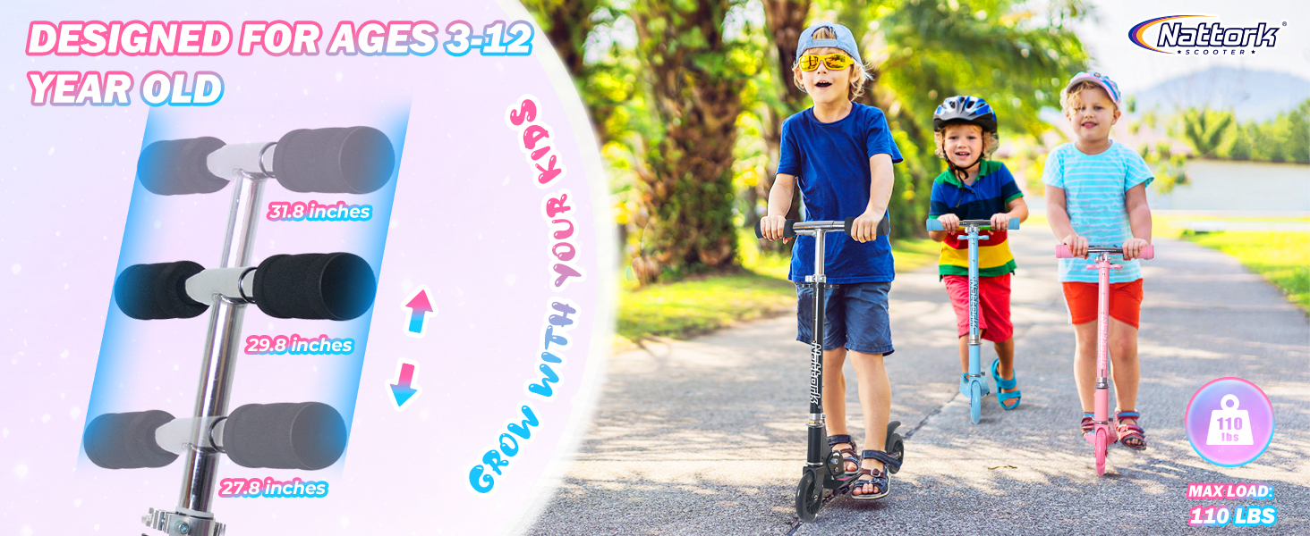 Дитячий ролер Nattork: легкий, складний, з регулюванням висоти, до 50 кг, рожевий