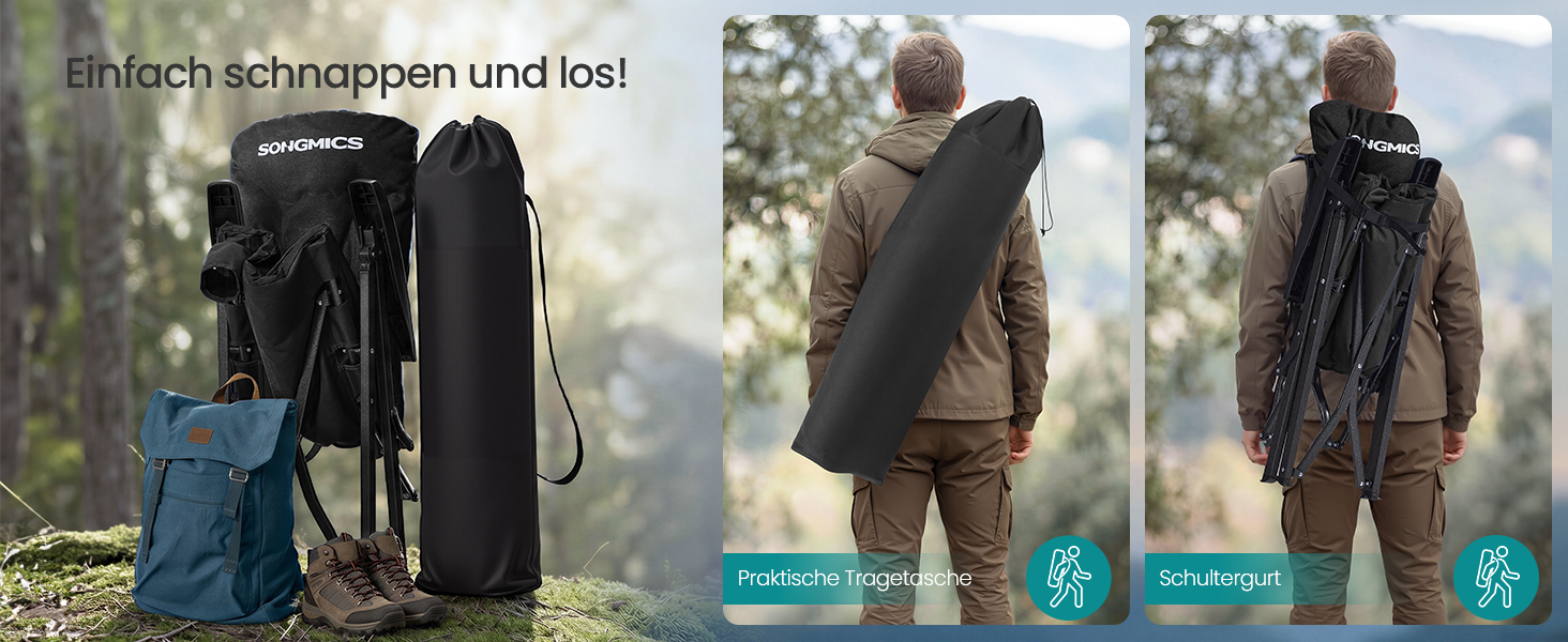 Складний туристичний стілець SONGMICS для відпочинку та риболовлі, чорний, з регульованою спинкою 95°-150°, з підстаканником та кишенею