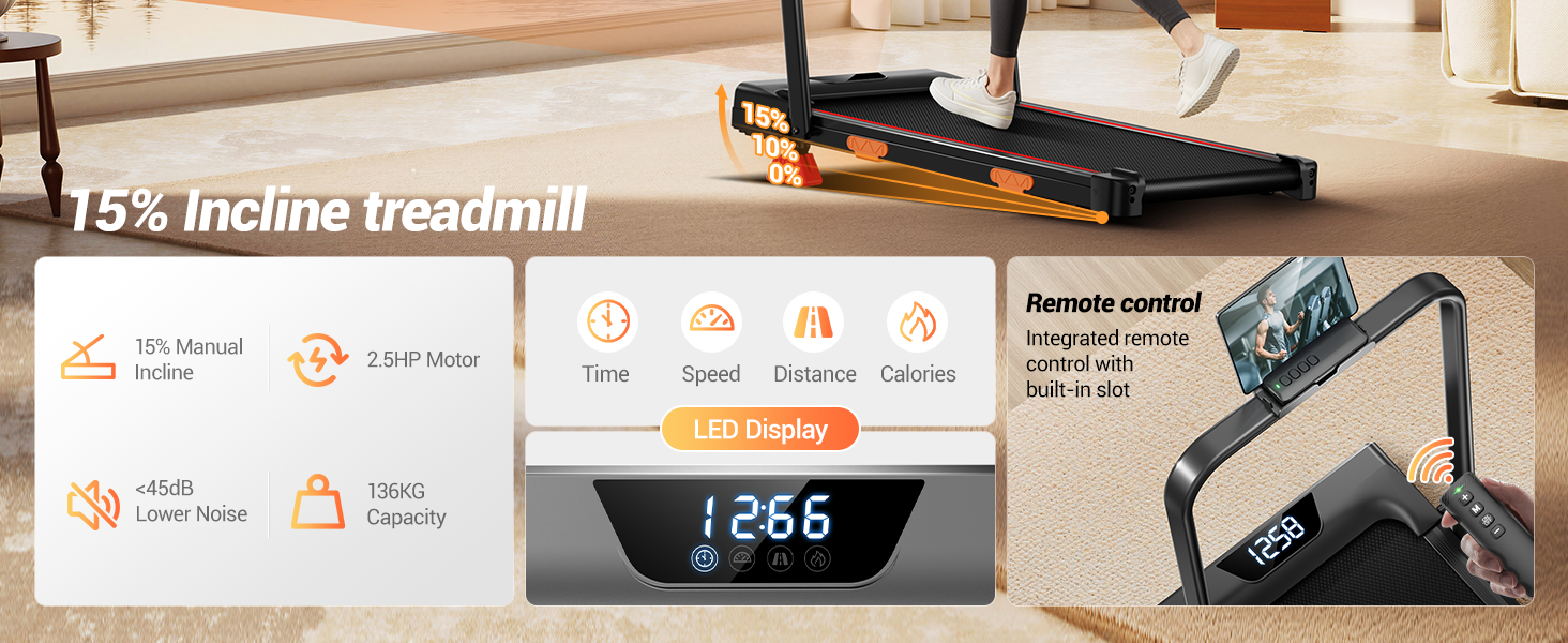 Бігова доріжка UMAY Walking Pad з нахилом 15%, швидкість до 10 км/год, тиховий двигун, для дому та офісу, макс. навантаження 136 кг, чорна