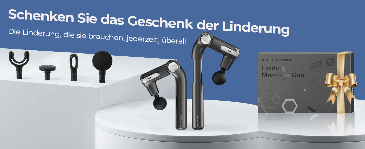 Масажер для тіла KingPavonini з висувним руків'ям та відкидним голівкою: масажна пістолета для спини з 3 кутами налаштування та 4 насадками, подарунок для чоловіків та жінок (сірий)