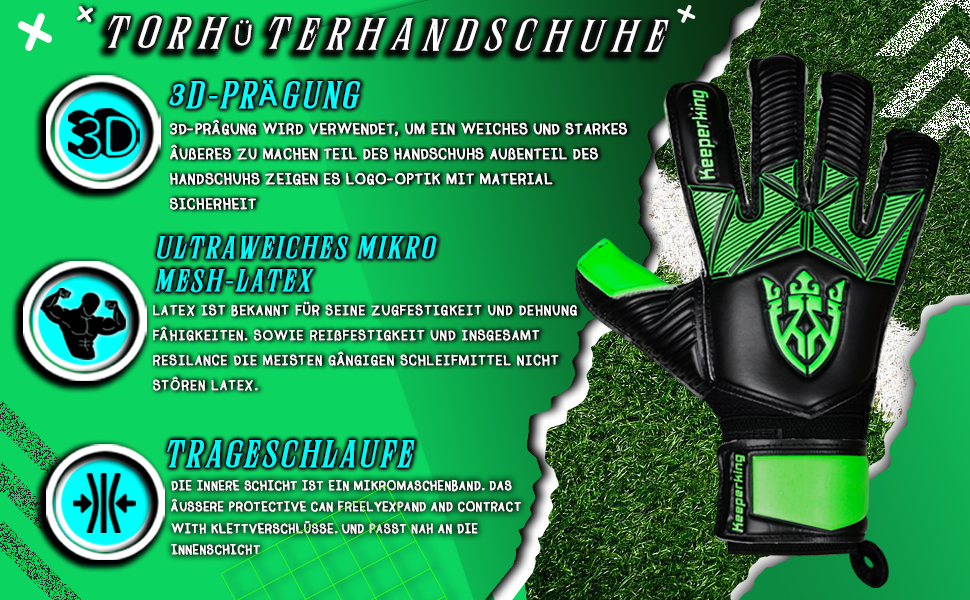 Футбольні воротарські рукавички Keeperking для дітей, підлітків та дорослих. Без захисту пальців, 4 мм латекс, довга долоня, унісекс, чорний.