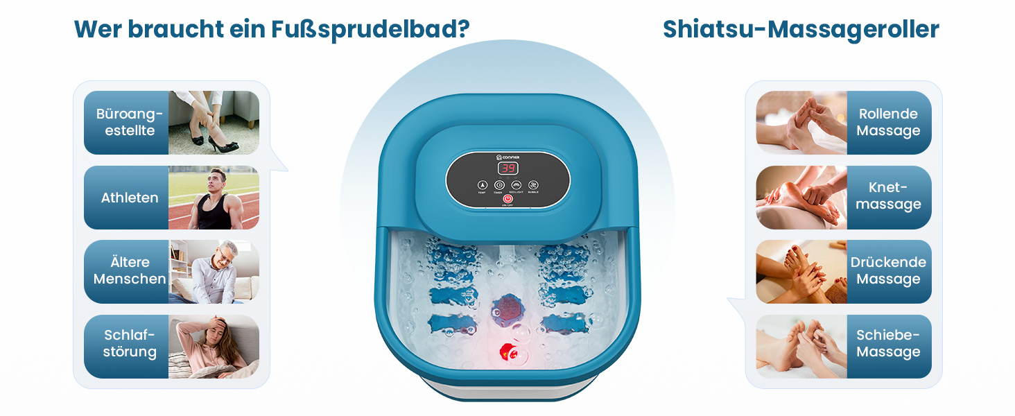Зручне ванночка для ніг Comfier з масажем, підігрівом та функцією бульбашок | Складаний масажер для ніг | Вібрація, функція бульбашок, таймер, пемза для педикюру, 35°C-48°C, 8 Shiatsu роліків (Чорний, Синій)