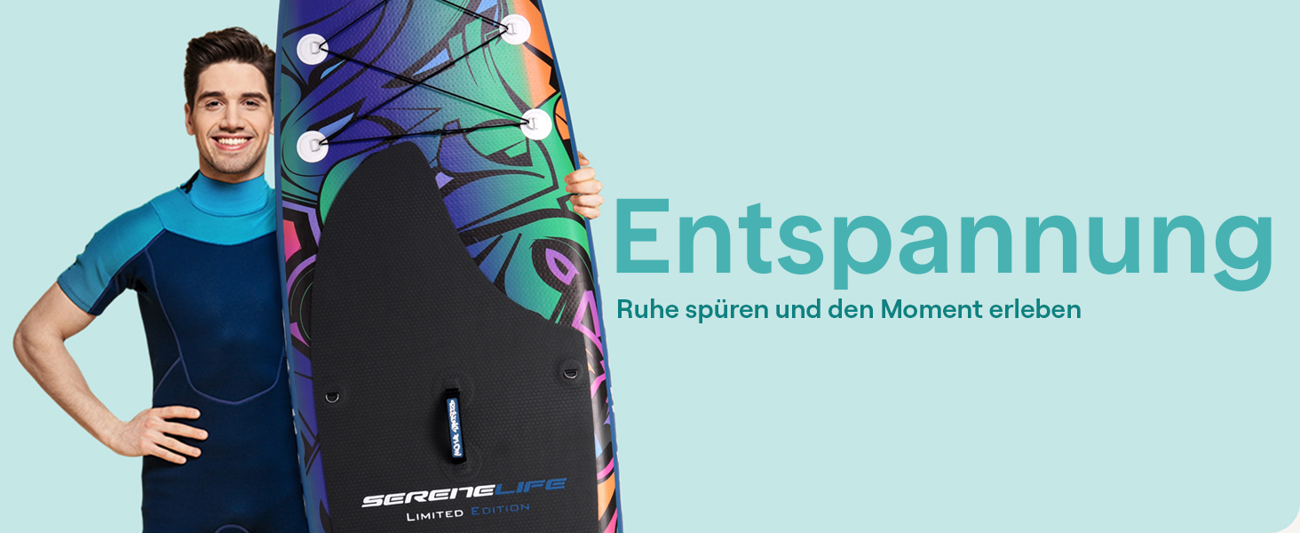 Надувний SUP Серінелайф: комплект для сапсерфінгу з веслом, насосом та сумкою. Підходить для дітей та дорослих, чорний. Макс. вага: 155 кг