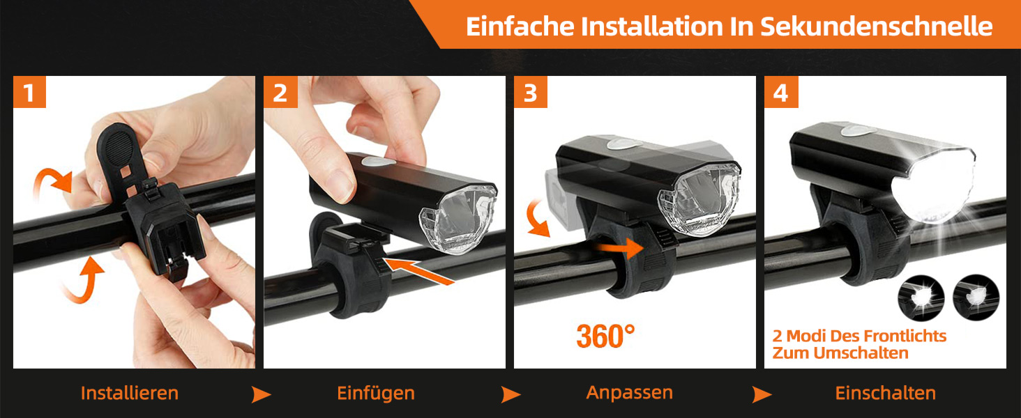 Набір переднього та заднього велоліхтаря LED USB, StVZO, IPX6, чорний+червоний