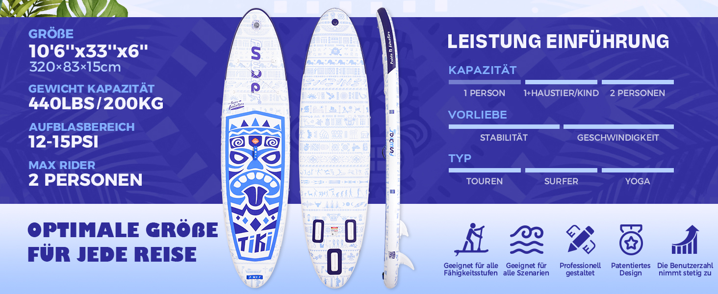 Надувний SUP Борд FunWater 10'6'–11'6' для всіх рівнів підготовки, з антиковзким EVA-деком, веслом, насосом та аксесуарами. Колір: блакитний/білий