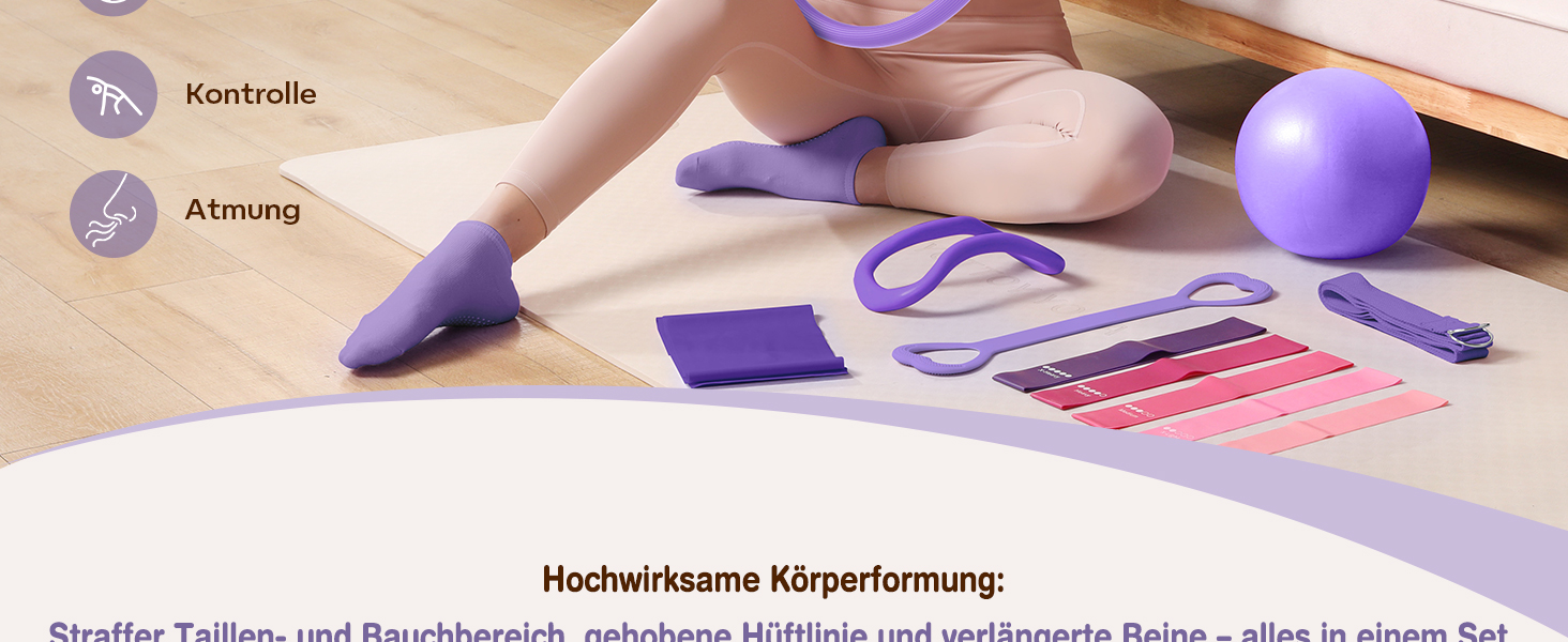 Набір для пілатесу 13 шт: кільце 13', фітбол 10' та еластичні стрічки для жінок. Комплект обладнання для пілатесу для початківців, фітнес-стрічки та аксесуари. Violett