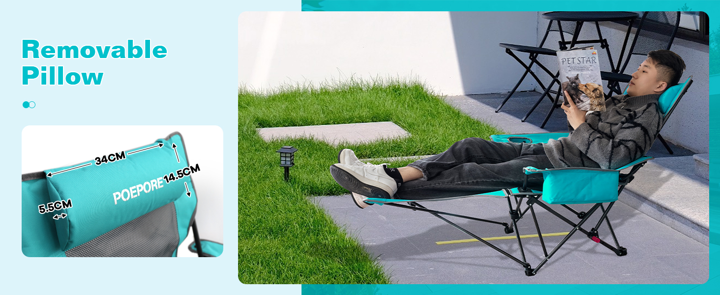 Крісло для кемпінгу Poeopore складне з підставкою для ніг, 4-х секційне, для відпочинку на пляжі та риболовлі, витримує до 120 кг, з кишенькою-холодильником, подушкою та тримачем для напоїв, блакитне
