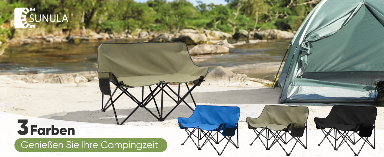 Складне крісло-диван для кемпінгу Sunula на 2 особи - портативне крісло з підлокітниками та сумкою, ідеально для пікніків, кемпінгу, саду, балкону, намету та риболовлі. Синій, 110 см