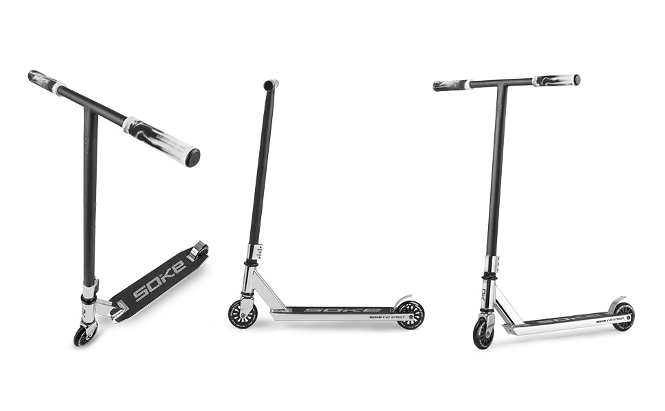 SOKE EVO Street Stunt Scooter Silver - Скутер для трюків та їзди містом | Алюмінієвий фрейм, колеса 100 мм, підшипники ABEC-9