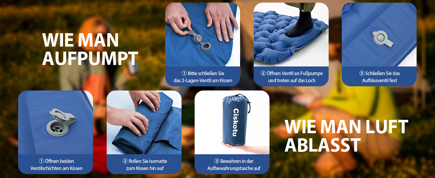 Килимок для кемпінгу Ciskotu самонадувний 8 см з подушкою. Підходить для кемпінгу, піших прогулянок та подорожей. (Синій+Сірий)