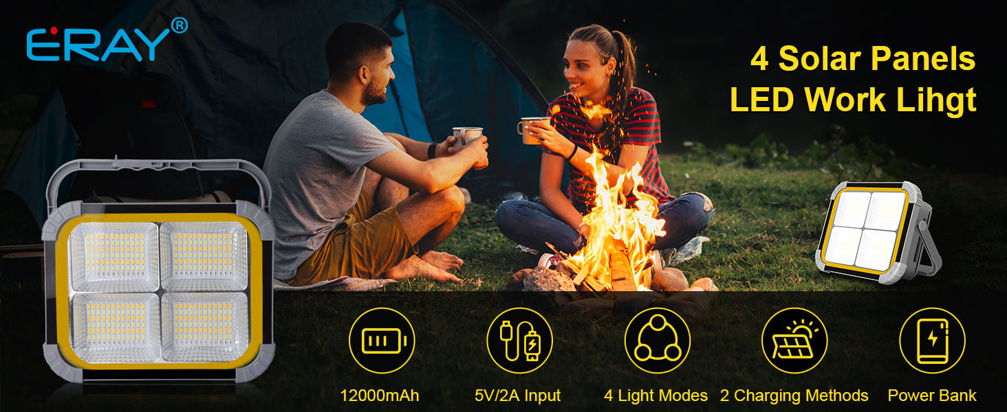 ERAY Сонячний LED прожектор 150W з акумулятором 7800mAh, 336 LED, 4 режими, 3 способи зарядки, портативний кемпінговий ліхтар та робоча лампа для кемпінгу, гаража, надзвичайних ситуацій на відкритому повітрі (сірий)