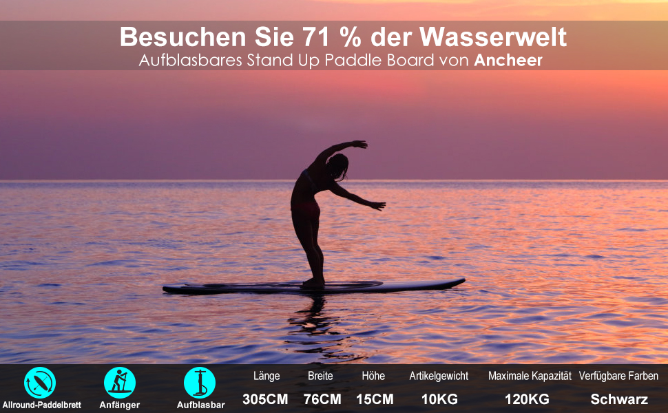 Надувна дошка для веслування Ancheer з повними аксесуарами SUP, рюкзак, повідець, регульоване весло та ручний насос, нижній плавник, для молоді, для дорослих, чорно-білий, 305 x 76 15 см