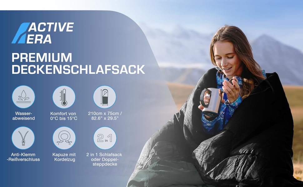 Сплячий мішок Active Era Premium Mumienschlafsack 250 GSM, зимовий та літній, 0°C - 15°C, для кемпінгу, фестивалів, подорожей, водонепроникний, ультралегкий, компактний, чорний