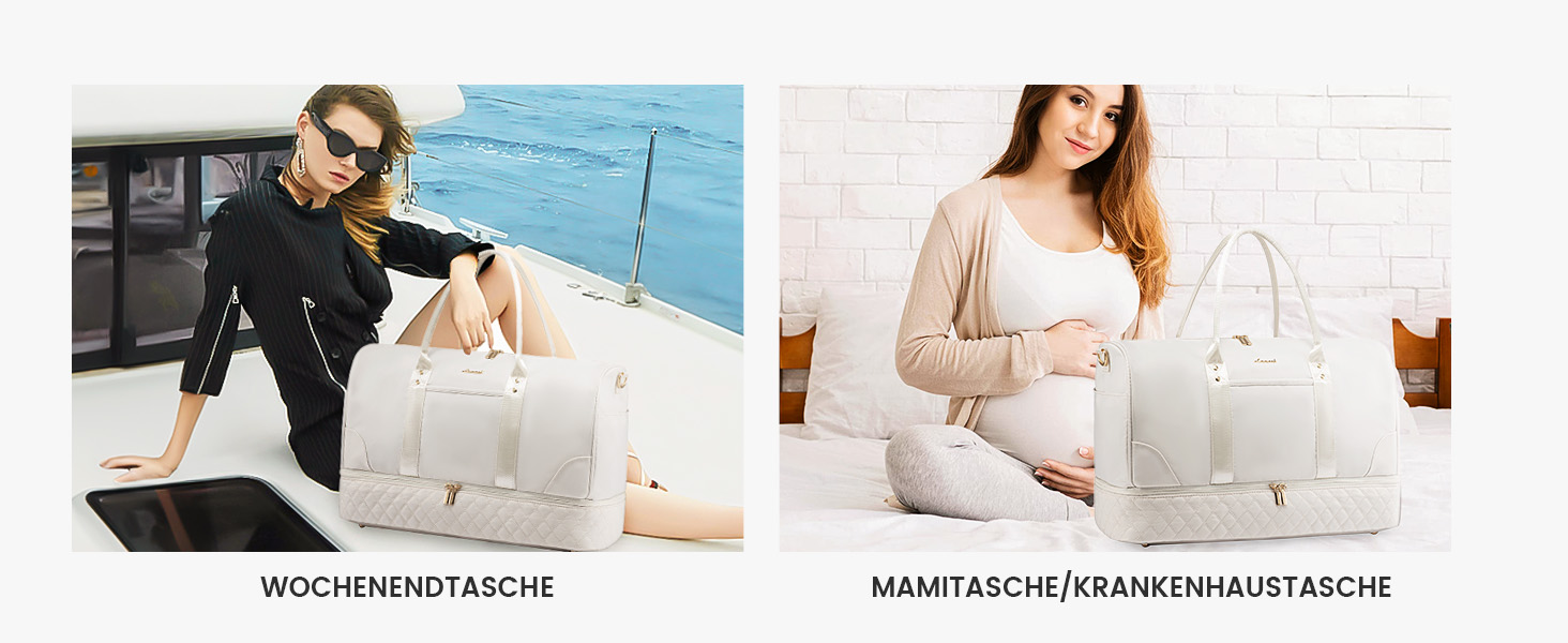 Сумка-мішок LOVEVOOK для жінок, дорожня сумочка-вікендер з відділенням для взуття та мокрих речей, 2 шт. у наборі, велика спортивна сумка, ручна поклажа для подорожей літаком, фітнесу, йоги, бежева, L (35 л)