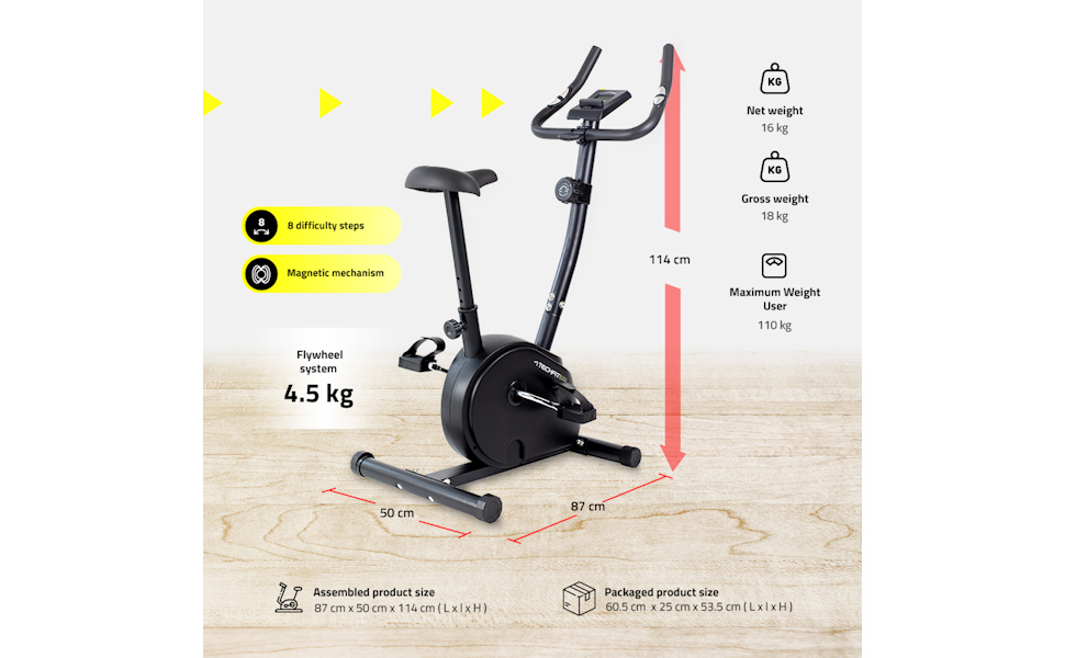 Магнітний ергометр для фітнес-велосипеда TechFit B250 - кардіо велосипед з регульованим сідлом, датчиками серцевого ритму і РК-монітором. Стійкий велотренажер для ідеальної фігури.