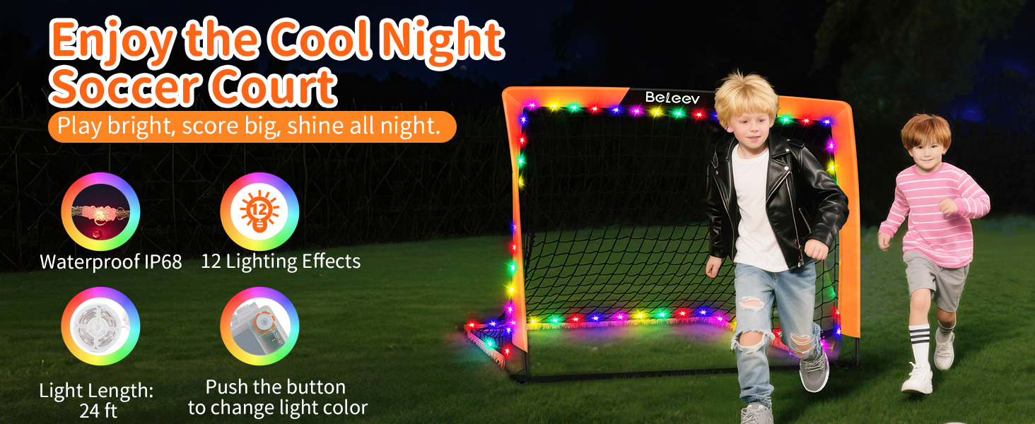 Дитячі футбольні ворота BELEEV для гри в саду та в приміщенні, 4x3/6x4 ft, з LED-підсвічуванням, портативні, складані, комплект з 2 шт., 120*90 см