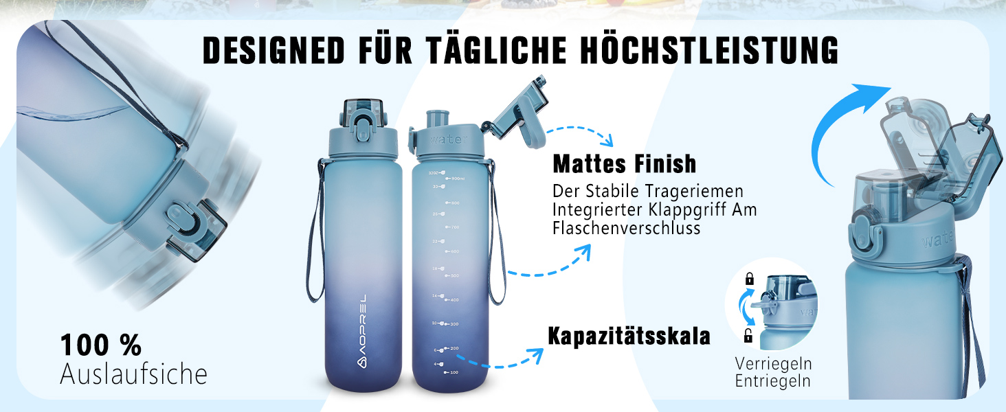 Спортивна пляшка для води AOPREL 1Л з фільтром, Tritan BPA-free, герметична пляшка для фітнесу, походів та офісу, зелена