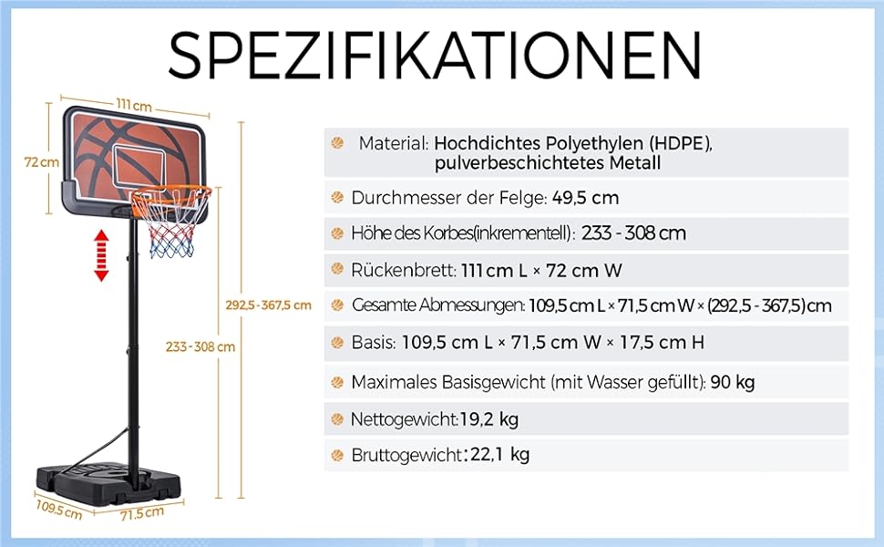 Баскетбольна стійка Yaheetech з регулюванням висоти від 233 до 308 см Мобільне баскетбольне кільце для внутрішнього або зовнішнього баскетбольного кільця можна наповнити водою або піском