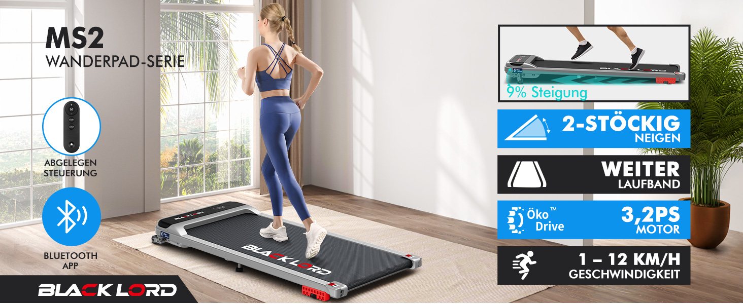 Електричний біговий тренажер BLACK LORD MS2 схил 9%, 3.2 PS, 4-в-1, для дому та офісу, 12 програм, динамік, 140 кг