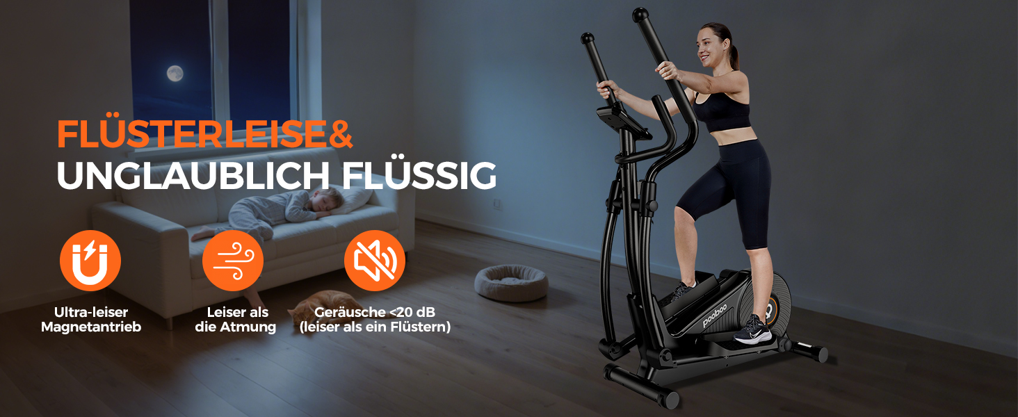 Еліптичний тренажер Pooboo 07-Basic Black з магнітною системою, LCD-монітором та кроком 15,5 дюймів. Витримує вагу до 158 кг, 16 рівнів навантаження.