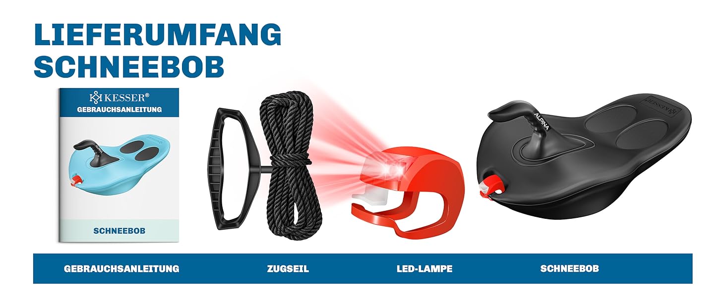 Кесер® Бобслей Bob Schneebob Alpina з LED-підсвіткою, тросом, для дітей та дорослих, пластиковий, чорний
