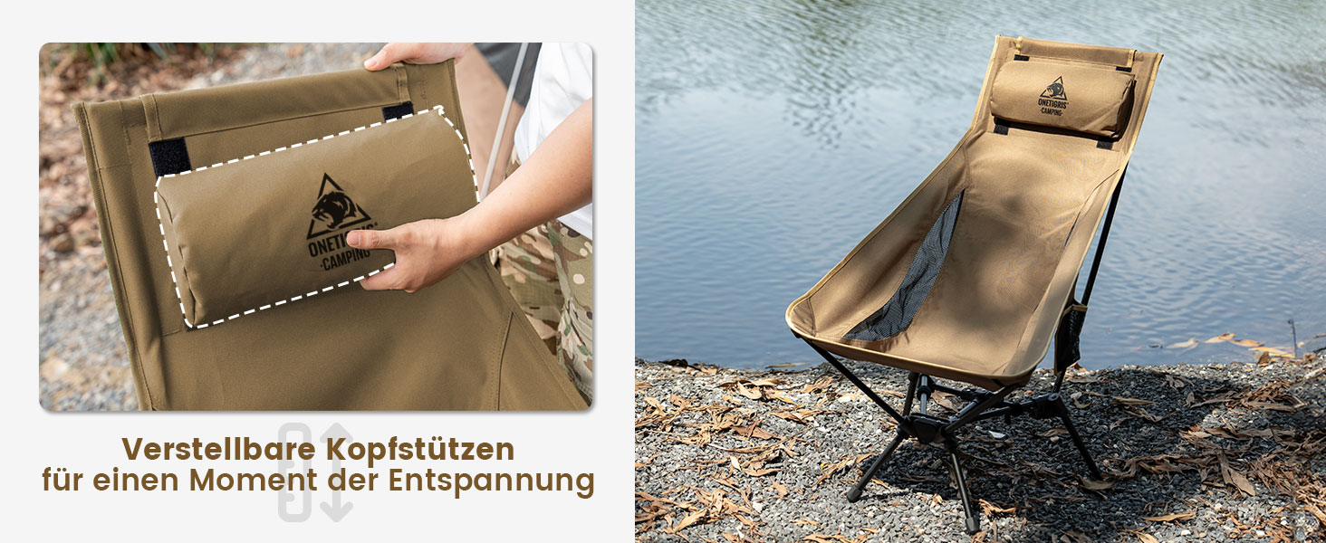 Стілець для кемпінгу OneTigris TIGERBLADE з високою спинкою, 170 кг, складний, легкий, з трикутним каркасом, для риболовлі з 2 кишенями, для відпочинку на природі, піших прогулянок, колір Койот