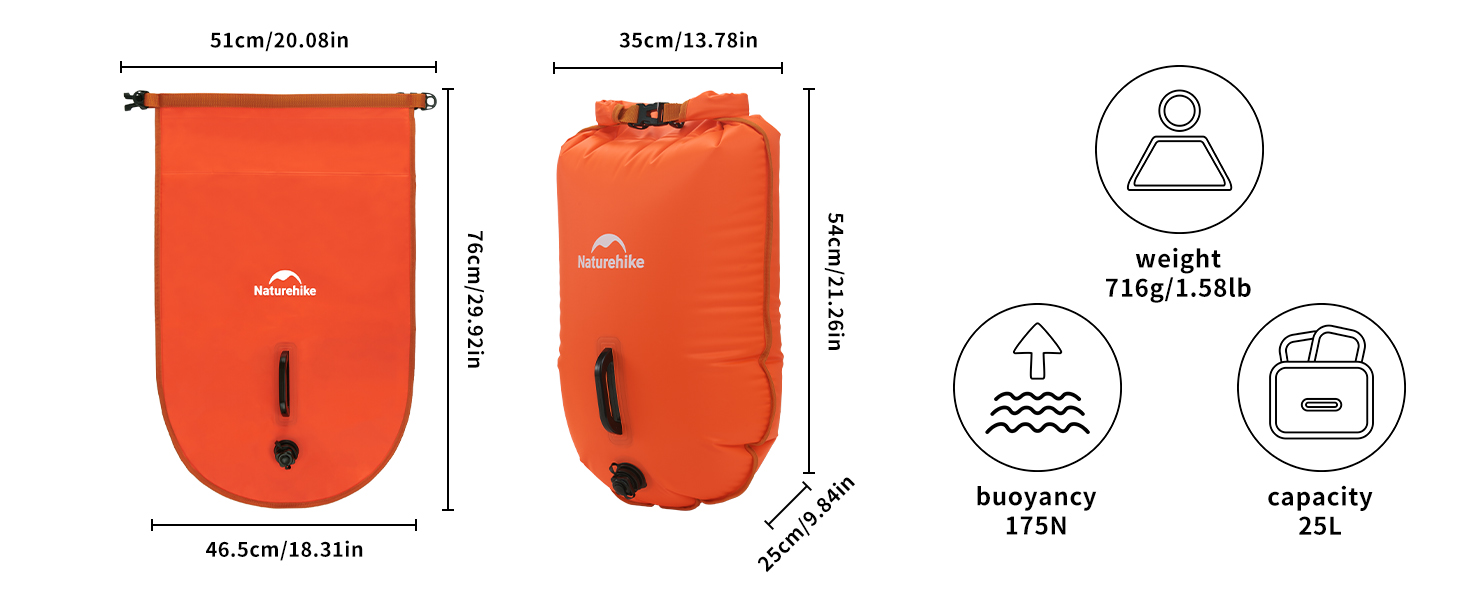 Надувна плавуча бойовка Naturehike 18L/25L з двома повітряними камерами, водонепроникний мішок, пляжна сумка з регульованим поясом для плавання та відпочинку на пляжі (Помаранчевий)