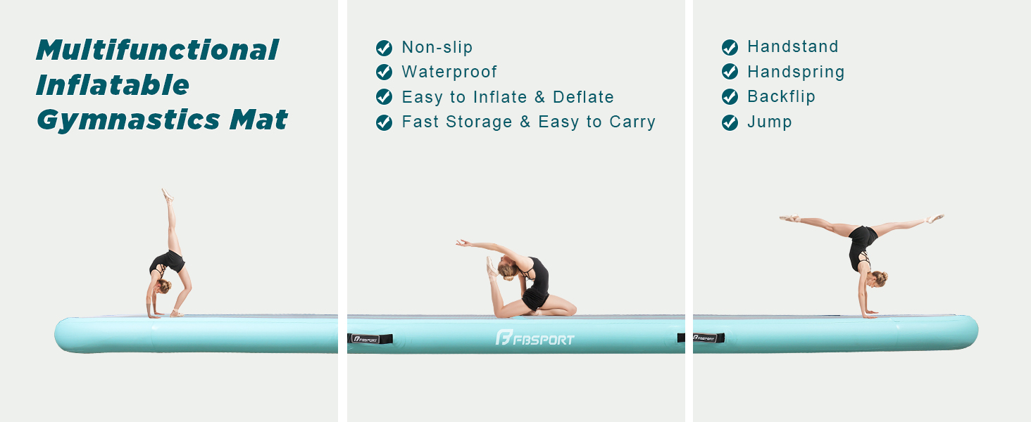 FBSPORT Airtrack Matte - килимок для гімнастики та йоги, 200x100x10 см, світло-зелений