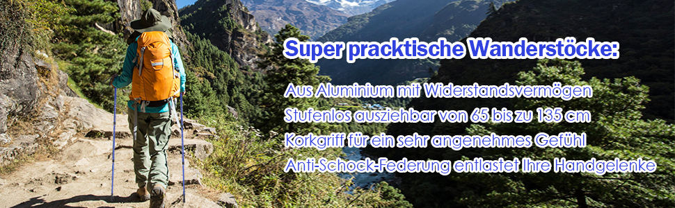 Туристичні палиці складні, трекінгові палиці алюмінієві, телескопічні палиці портативні, палиці для скандинавської ходьби, палиці для ходьби з корковою ручкою, регульовані 65-135см, легкі туристичні для жінок і чоловіків сині, 4LIFE
