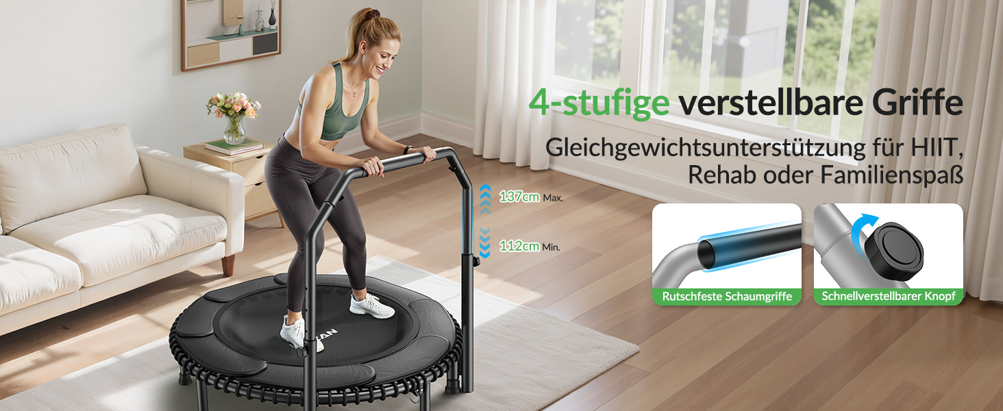 Міні-батут BCAN для дорослих, 102/122 см, до 204/250 кг, з бунжеєвими тросами, регульованою ручкою, стабільний, тихий, для дому та вулиці, тренування всього тіла, релаксація, зелений (122см, 122см-чорний з м'якою обшивкою)