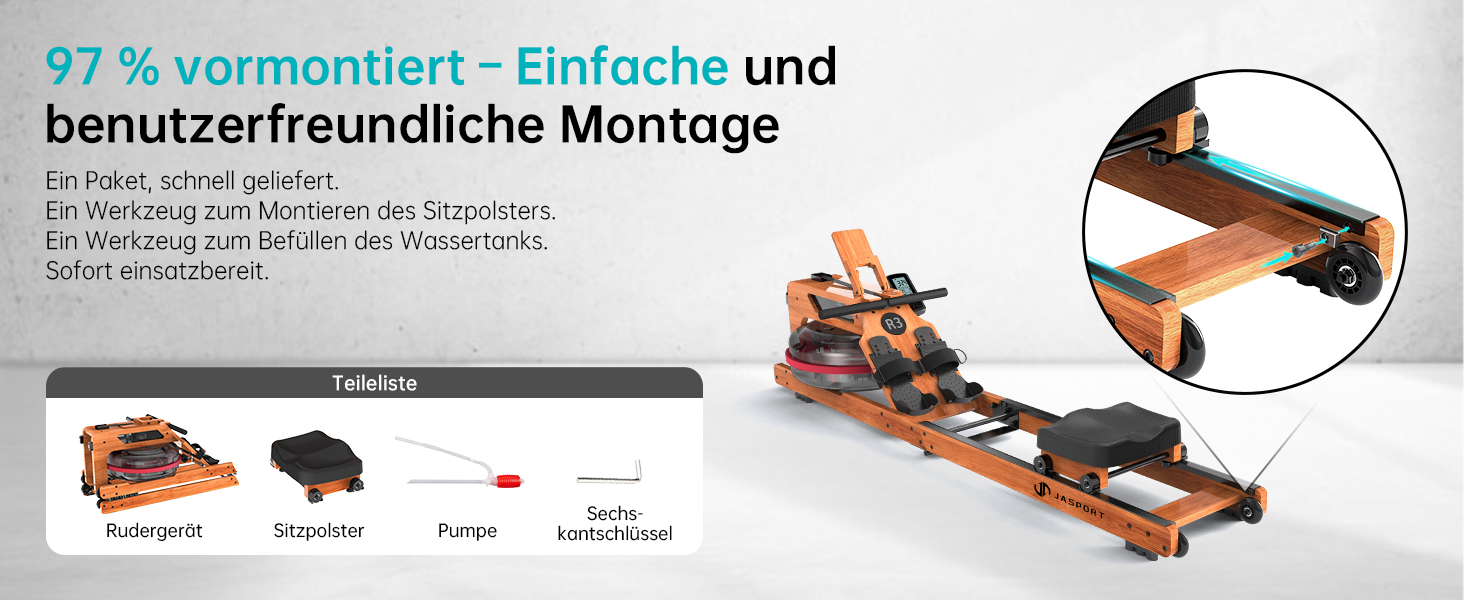 Складальний гребний тренажер R3 з дубового дерева, з Bluetooth LCD-дисплеєм, підтримкою Kinomap, баком для води 28л, ергономічним сидінням та тримачем для планшета, до 150 кг