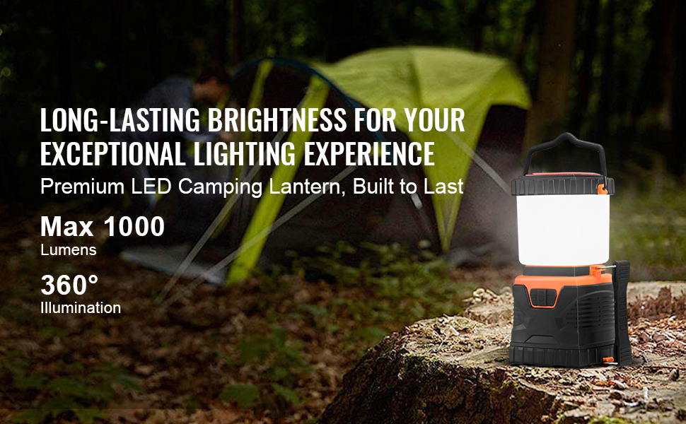 LED кемпінговий ліхтар VEVOR, 1000 лм, 360° освітлення, 4 режими, на батарейках, для туризму, риболовлі, надзвичайних ситуацій та ремонту