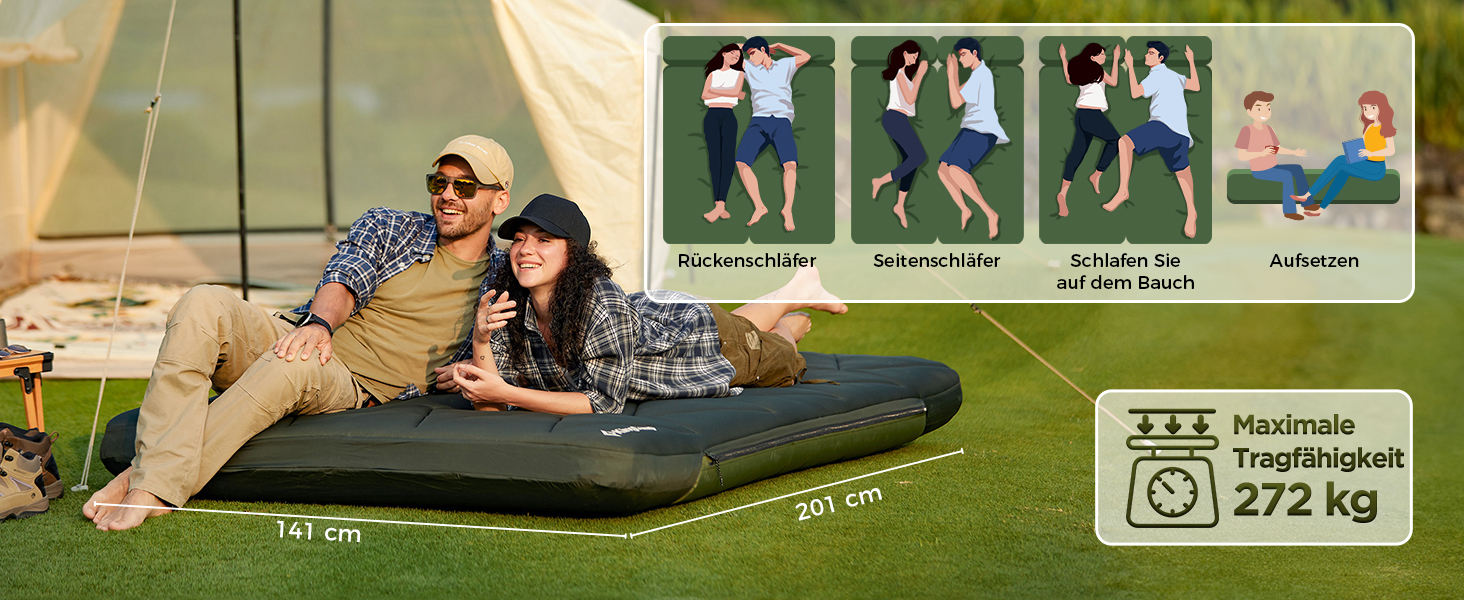 KingCamp килимок для кемпінгу 10см з Memory Foam R4.9, 4-сезонний надувний килимок, швидко надувається (90 сек), для подорожей, автокемпінгу (подвійний, зелений)