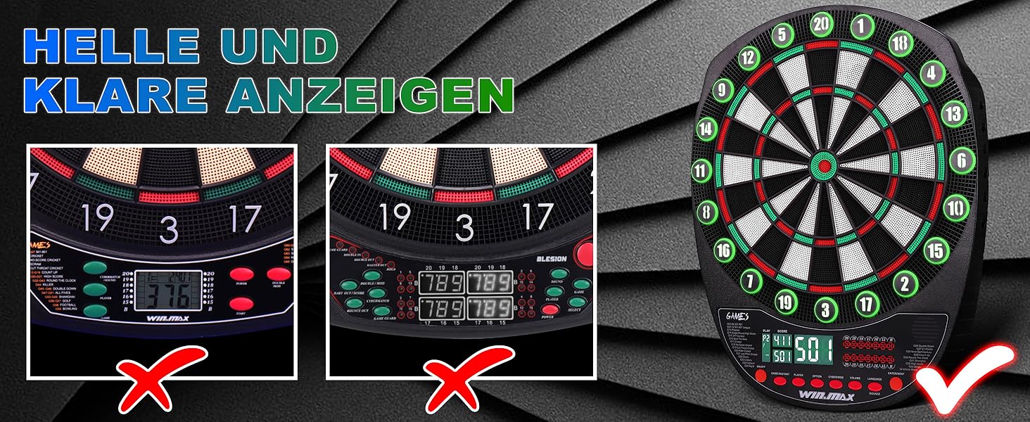 Електронний дартс WIN.MAX Profi Set: 34 гри, 354 варіанти, 3 мови (Deutsch, English, Français), 1-8 гравців, 12 дротиків (зелені та червоні) з підсвіткою