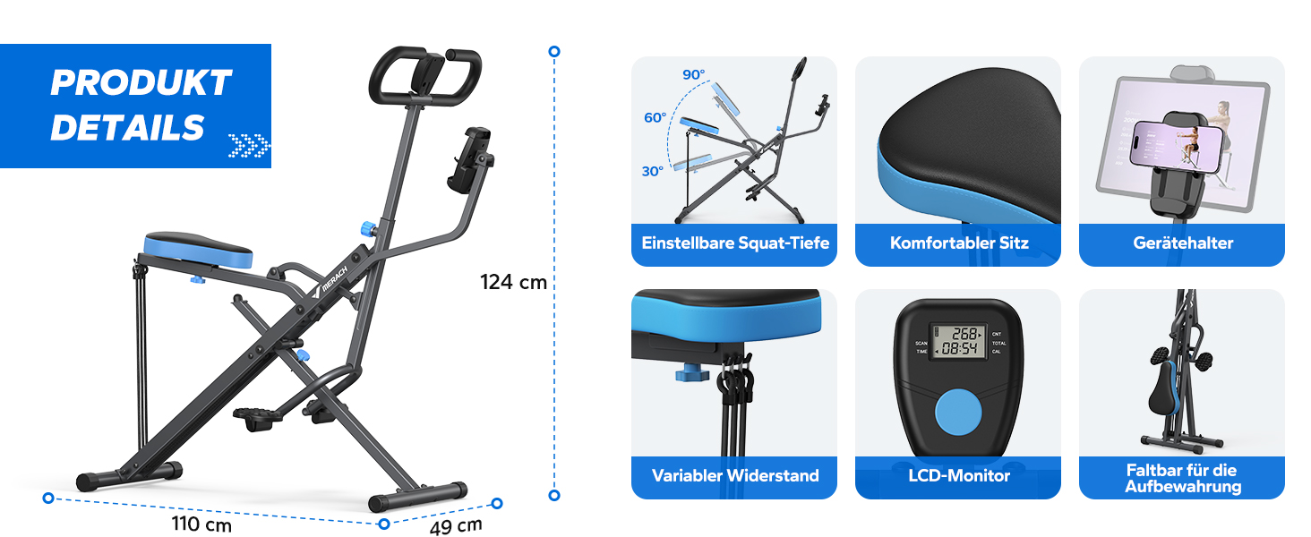 MERACH 2-в-1 тренажер для присідань та тяги, складаний, для тренування сідниць, ніг та корпусу, 10 хв збірки, max 160 кг (сірий, R07 Pro)