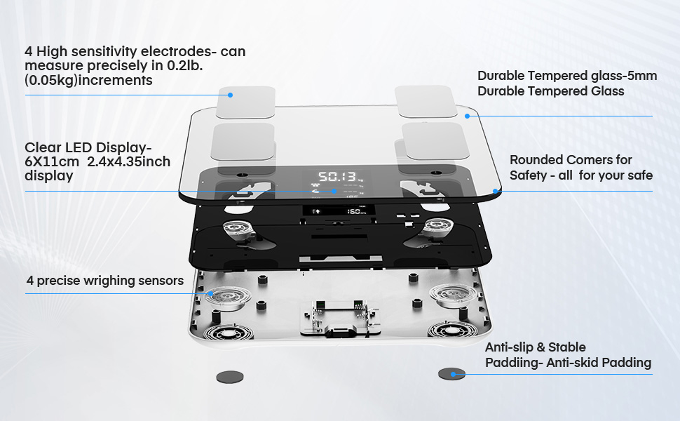 Цифрові ваги для ванної кімнати Bluetooth Шкала складу тіла з додатком Smart Scale для жиру в організмі, ІМТ, м'язової маси, білка, BMR, чорний, 16 індикаторів Додаток Fitdays, частота серцевих скорочень, інше 16 індикаторів організму 2024