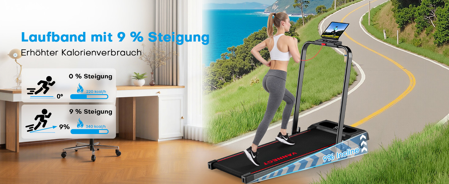 Vannect Walking Pad - складане бігове полотно для дому, 1-12 км/год, нахил 9%, LCD-дисплей, керування з пульта, додатком та ручкою, до 150 кг, чорно-синій
