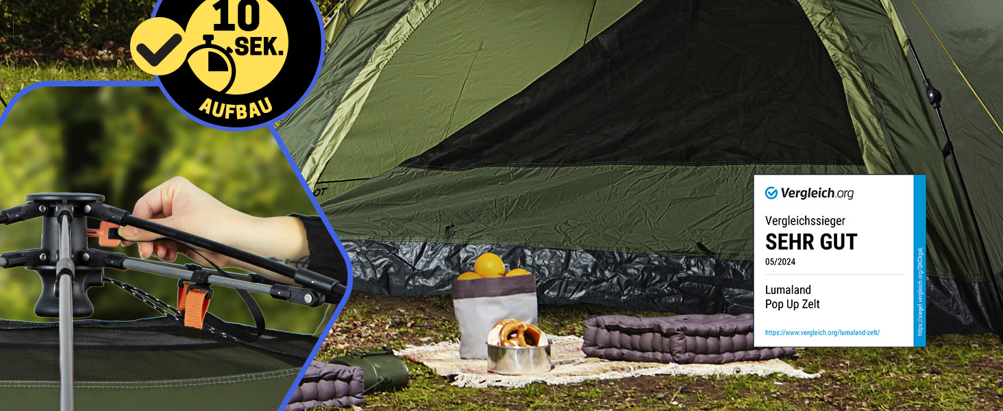 Намет Lumaland Camping - легкий намет Pop-Up для 2-4 особи | Куполовий намет для кемпінгу, трекінгу та фестивалів | Водонепроникний намет 210x190x110cm | Захист від вітру та сонця на пляжі