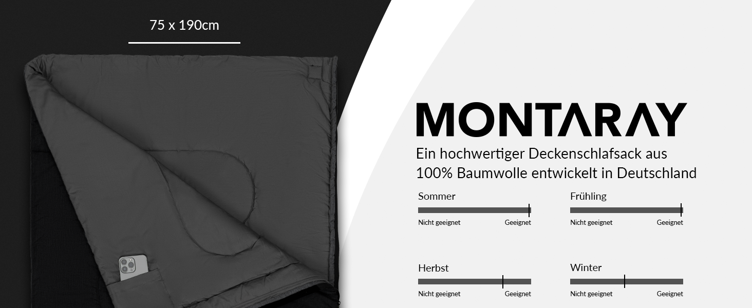 Спальний мішок туристичний, 100% бавовна, до -3°C з подушкою. Підходить для жінок та чоловіків. Розмір 75x190 см, 3-4 сезони, теплий, чорний.