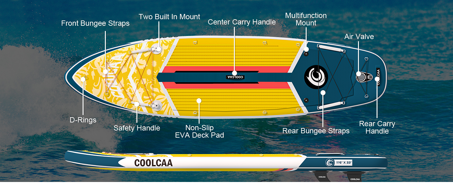 Дошка для веслування COOLCAA 354 см x 86 см x 15 см з преміальними аксесуарами SUP, вантажопідйомність до 210 кг, SUP дошка для дорослих і підлітків усіх рівнів 11'6'x34'x6 НОВИНКА (11'6'x33'x6 жовтий)