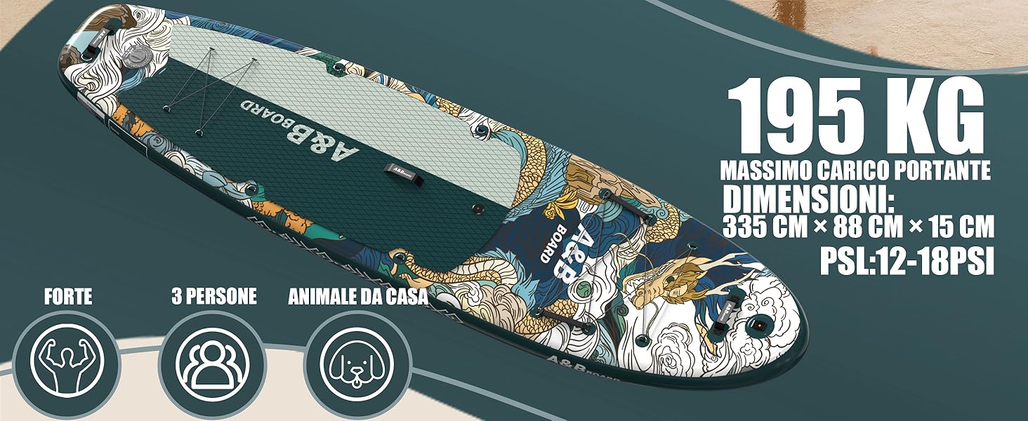 Надувний SUP-борд A&BBOARD з аксесуарами, 335x88 см, подвійна помпа, рюкзак, стабільний дизайн, для молоді та дорослих, колір Лава Грін + Дракон