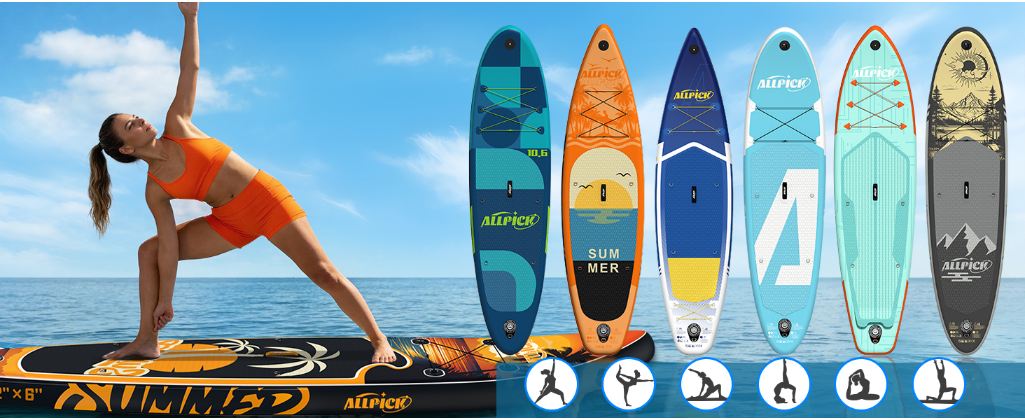 Набір SUP-дошки ALLPICK Premium: надувна дошка для сапсерфінгу з кріпленням для камери, повний комплект аксесуарів, регульоване весло, для початківців та досвідчених, 200 кг (Колір: Захід сонця - Оранжевий)