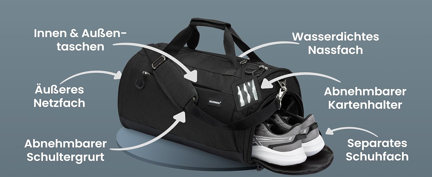 Спортивна сумка Heldenwerk® для жінок та чоловіків, 30л, 48 x 26 x 25 см. З відділенням для взуття та мокрих речей. Ідеальна для подорожей, тренувань, фітнесу.