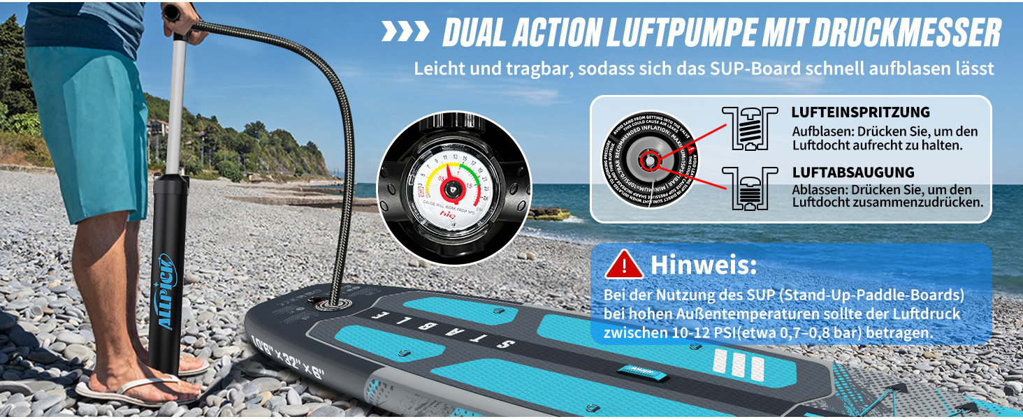 Надувний SUP Борд ALLPICK Premium Set: Комплектація для початківців та просунутих, з камерою, регульованим веслом, 200 кг, колір: ошм'ятково-блакитний