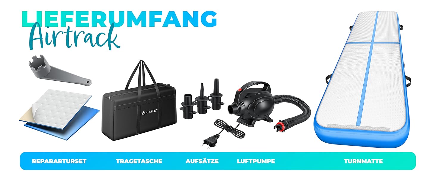 Надувна гімнастична матка KESSER® Airtrack 2м/3м/4м/5м/6м | Килимок для фітнесу, йоги, акробатики | з сумкою та електропомпою | Мінт-зелений (блакитний)